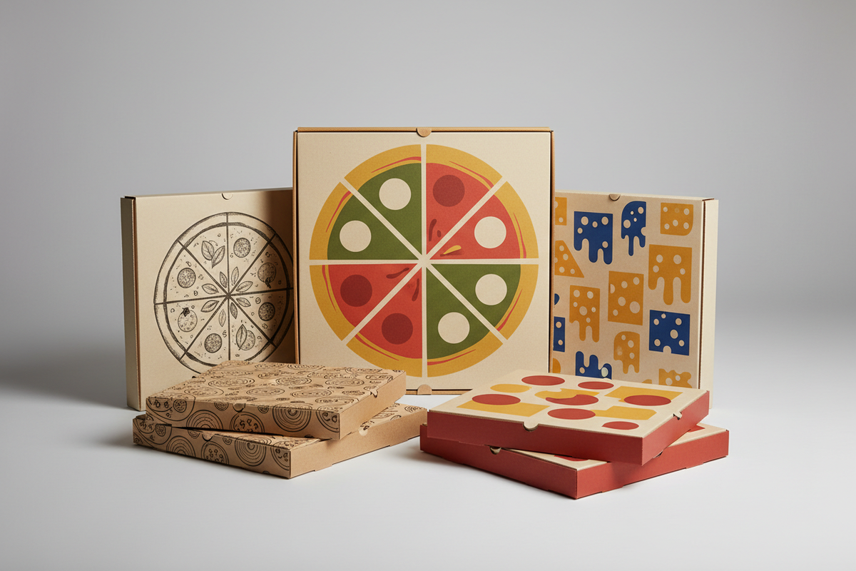 Pizza boxes with visible modern pizza artwork on the outer lids