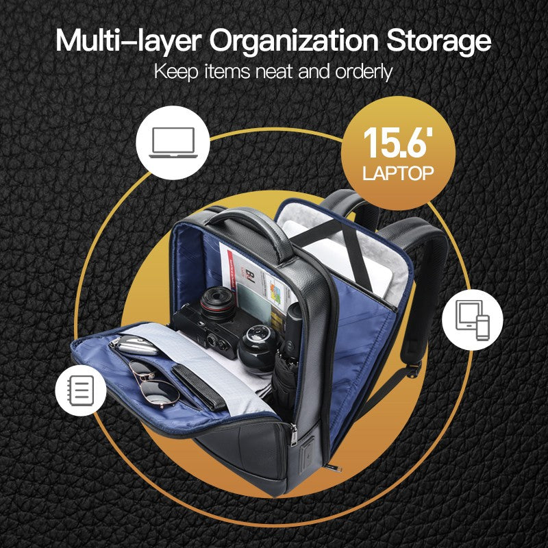 Q-TORPEDO Genuine Leather Backpack – Anti-Theft, USB Charging, TSA Lay-Flat & Slim Profile