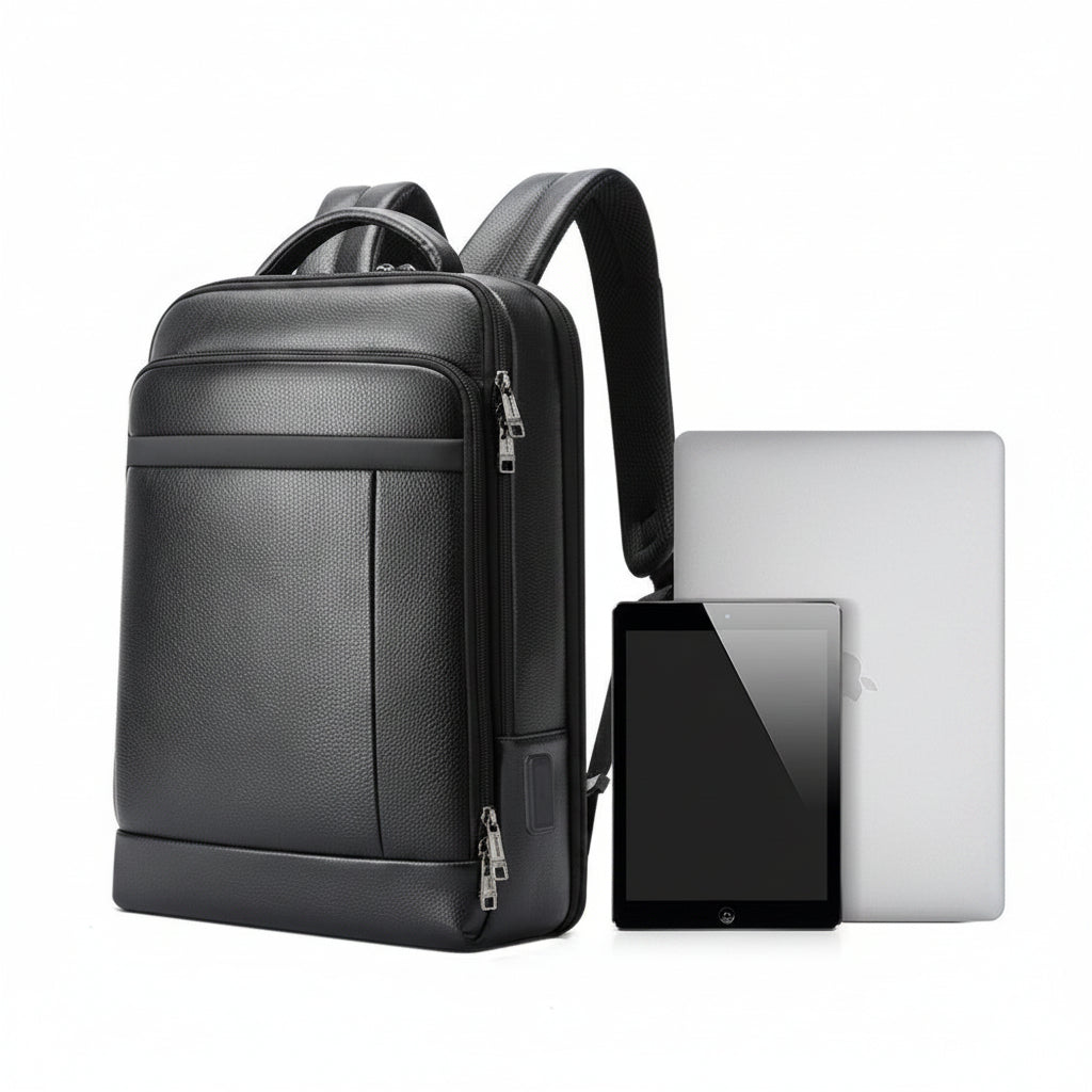 Q-TORPEDO Genuine Leather Backpack – Anti-Theft, USB Charging, TSA Lay-Flat & Slim Profile
