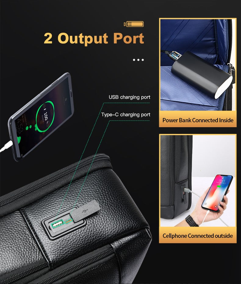 Q-TORPEDO Genuine Leather Backpack – Anti-Theft, USB Charging, TSA Lay-Flat & Slim Profile