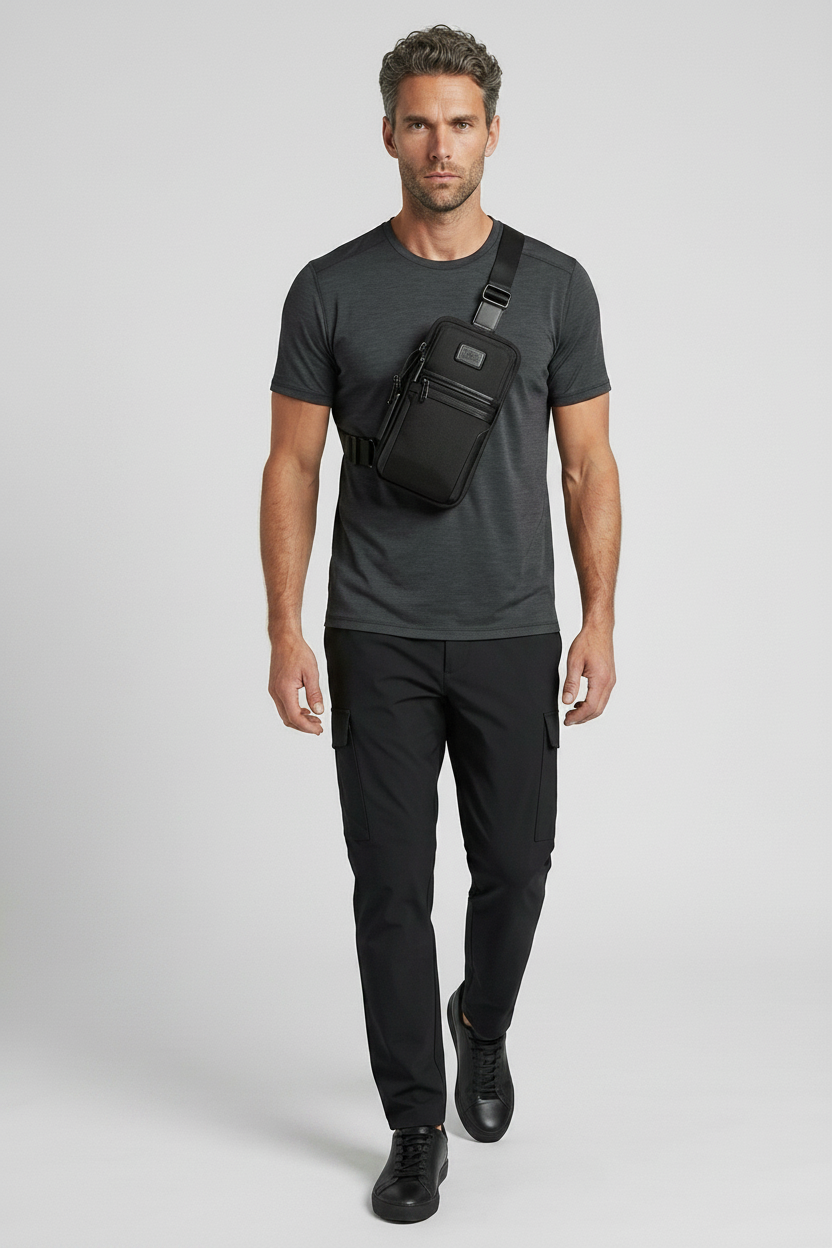 A man wearing a dark gray t-shirt, black cargo pants, and black shoes models a black crossbody sling bag across his chest against a light gray studio background.