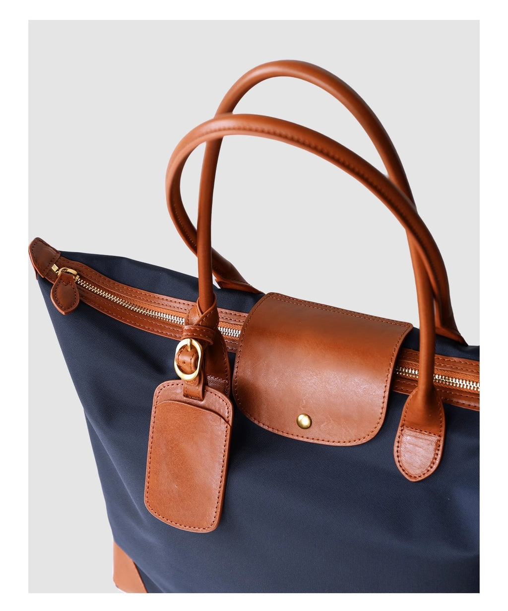 Q-VELORA Medium Nylon & Leather Travel Tote Bag – Waterproof, Laptop Compartment, 2-Way Carry
