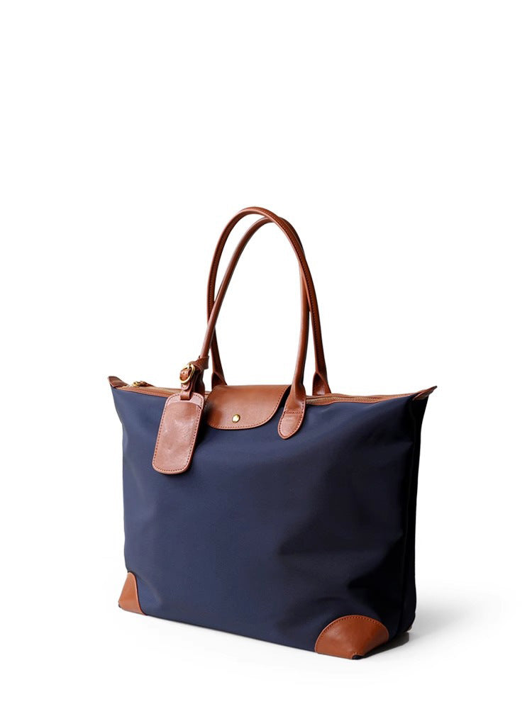 Q-VELORA Medium Nylon & Leather Travel Tote Bag – Waterproof, Laptop Compartment, 2-Way Carry