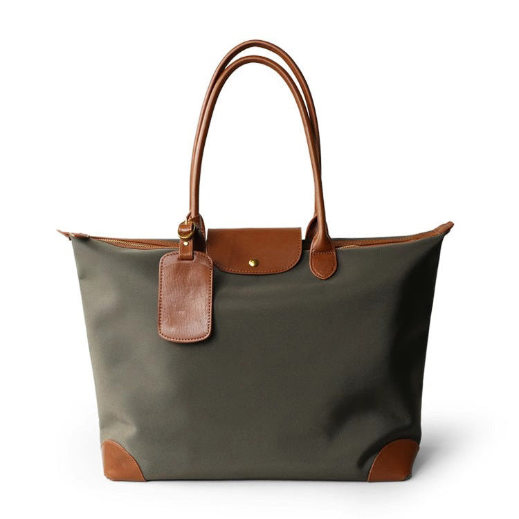 Q-VELORA Medium Nylon & Leather Travel Tote Bag – Waterproof, Laptop Compartment, 2-Way Carry