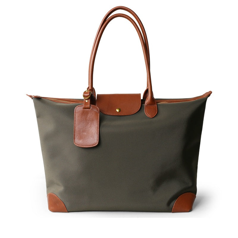Q-VELORA Medium Nylon & Leather Travel Tote Bag – Waterproof, Laptop Compartment, 2-Way Carry