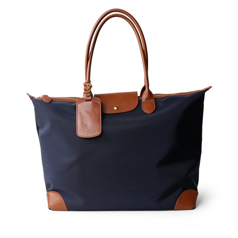 Q-VELORA Medium Nylon & Leather Travel Tote Bag – Waterproof, Laptop Compartment, 2-Way Carry