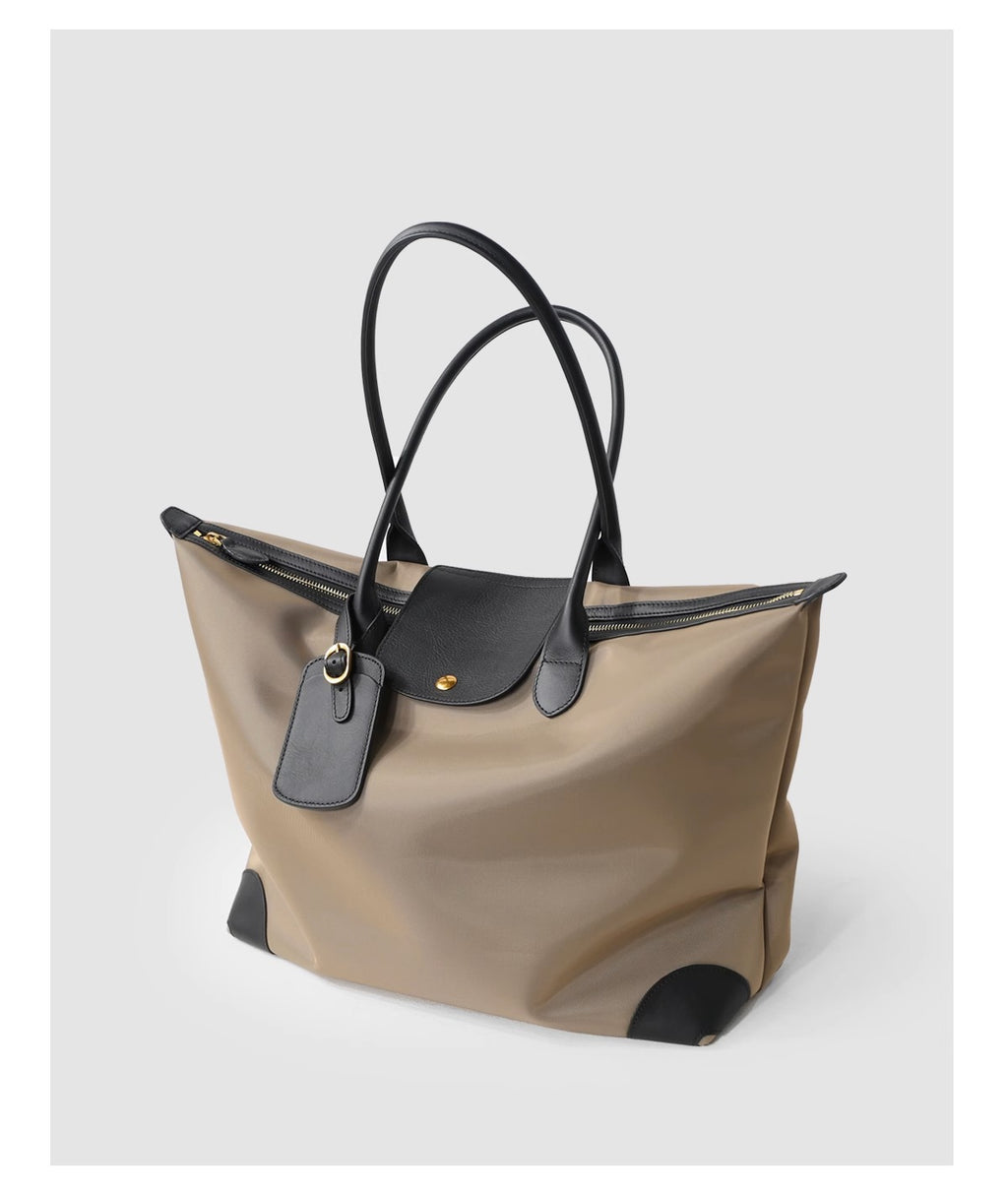 Q-VELORA Medium Nylon & Leather Travel Tote Bag – Waterproof, Laptop Compartment, 2-Way Carry