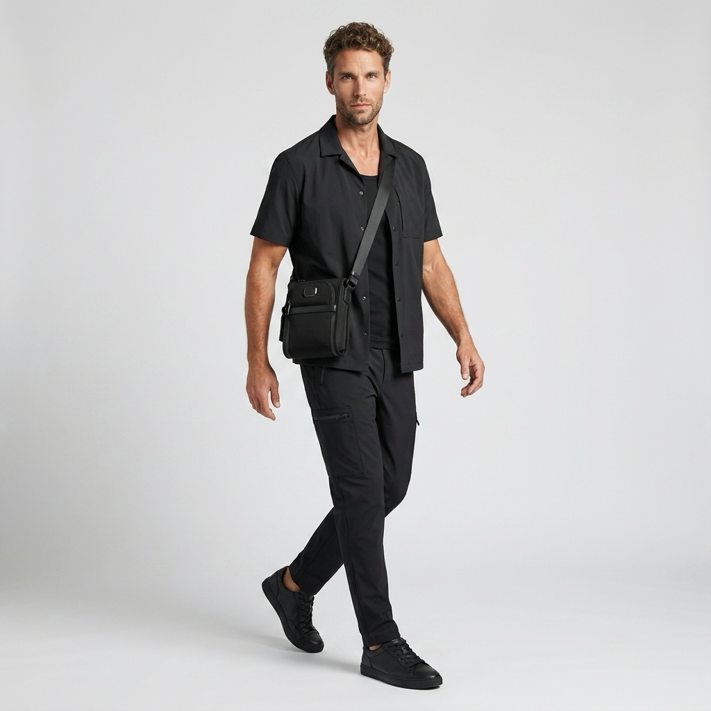 Q-SARTORIA Ballistic Nylon & Genuine Leather Crossbody Bag – Slim Minimalist Shoulder Bag for Travel & Everyday Carry