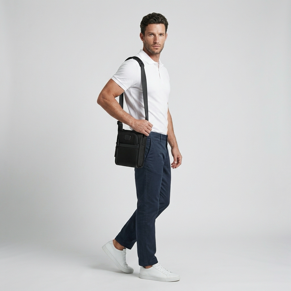 Q-SARTORIA Ballistic Nylon & Genuine Leather Crossbody Bag – Slim Minimalist Shoulder Bag for Travel & Everyday Carry