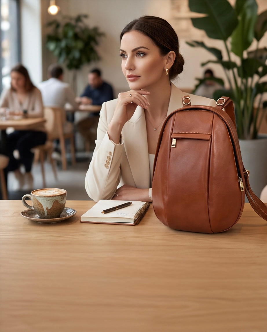 Q-LUNA Women's Genuine Leather Laptop Backpack – Minimalist 13.3" Multi-Compartment