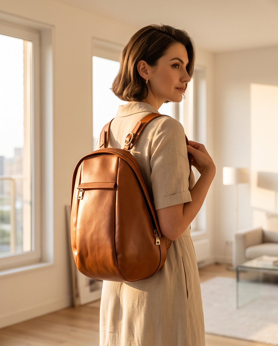 Q-LUNA Women's Genuine Leather Laptop Backpack – Minimalist 13.3" Multi-Compartment