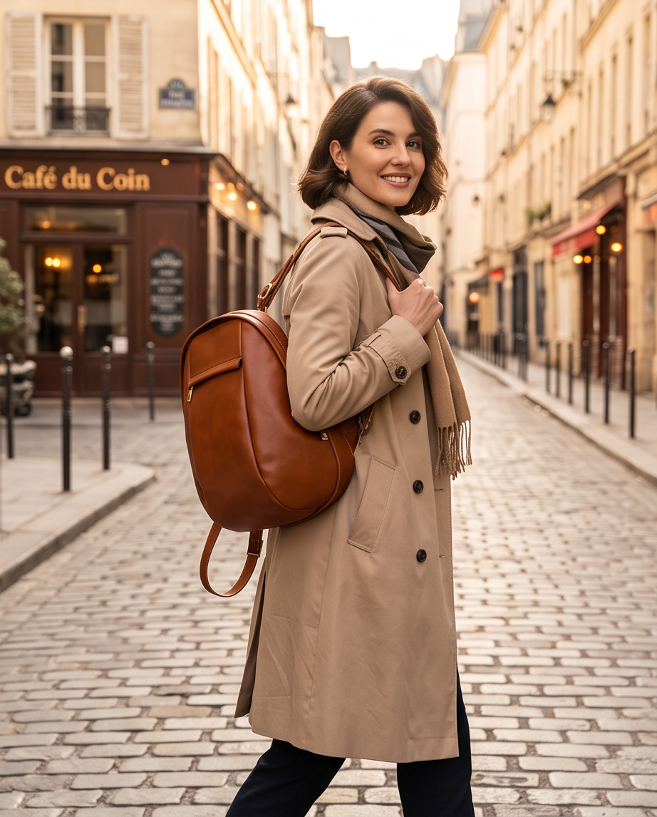 Q-LUNA Women's Genuine Leather Laptop Backpack – Minimalist 13.3" Multi-Compartment