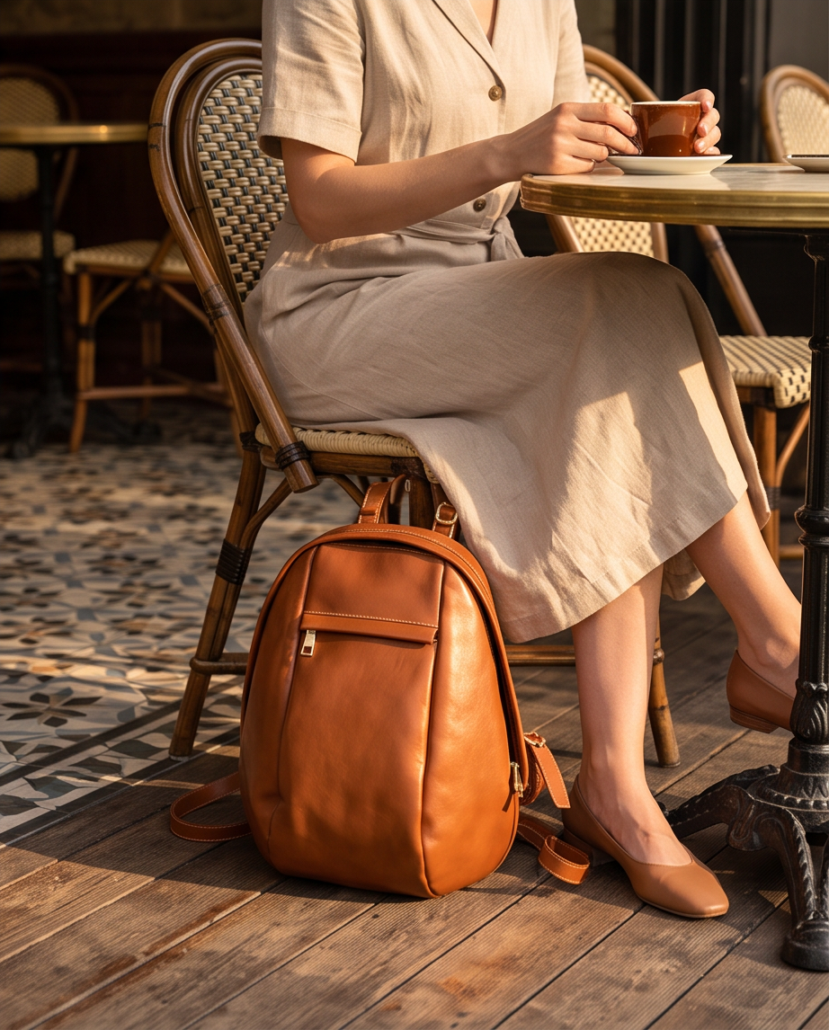 Q-LUNA Women's Genuine Leather Laptop Backpack – Minimalist 13.3" Multi-Compartment