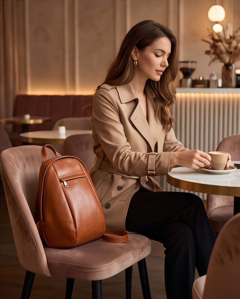 Q-LUNA Women's Genuine Leather Laptop Backpack – Minimalist 13.3" Multi-Compartment