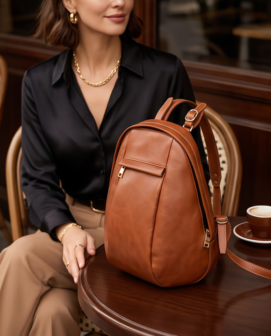 Q-LUNA Women's Genuine Leather Laptop Backpack – Minimalist 13.3" Multi-Compartment