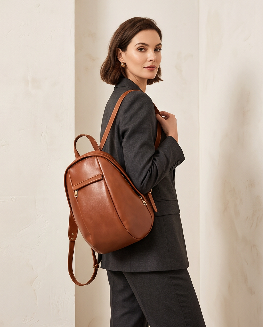 Q-LUNA Women's Genuine Leather Laptop Backpack – Minimalist 13.3" Multi-Compartment