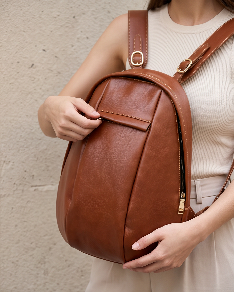 Q-LUNA Women's Genuine Leather Laptop Backpack – Minimalist 13.3" Multi-Compartment