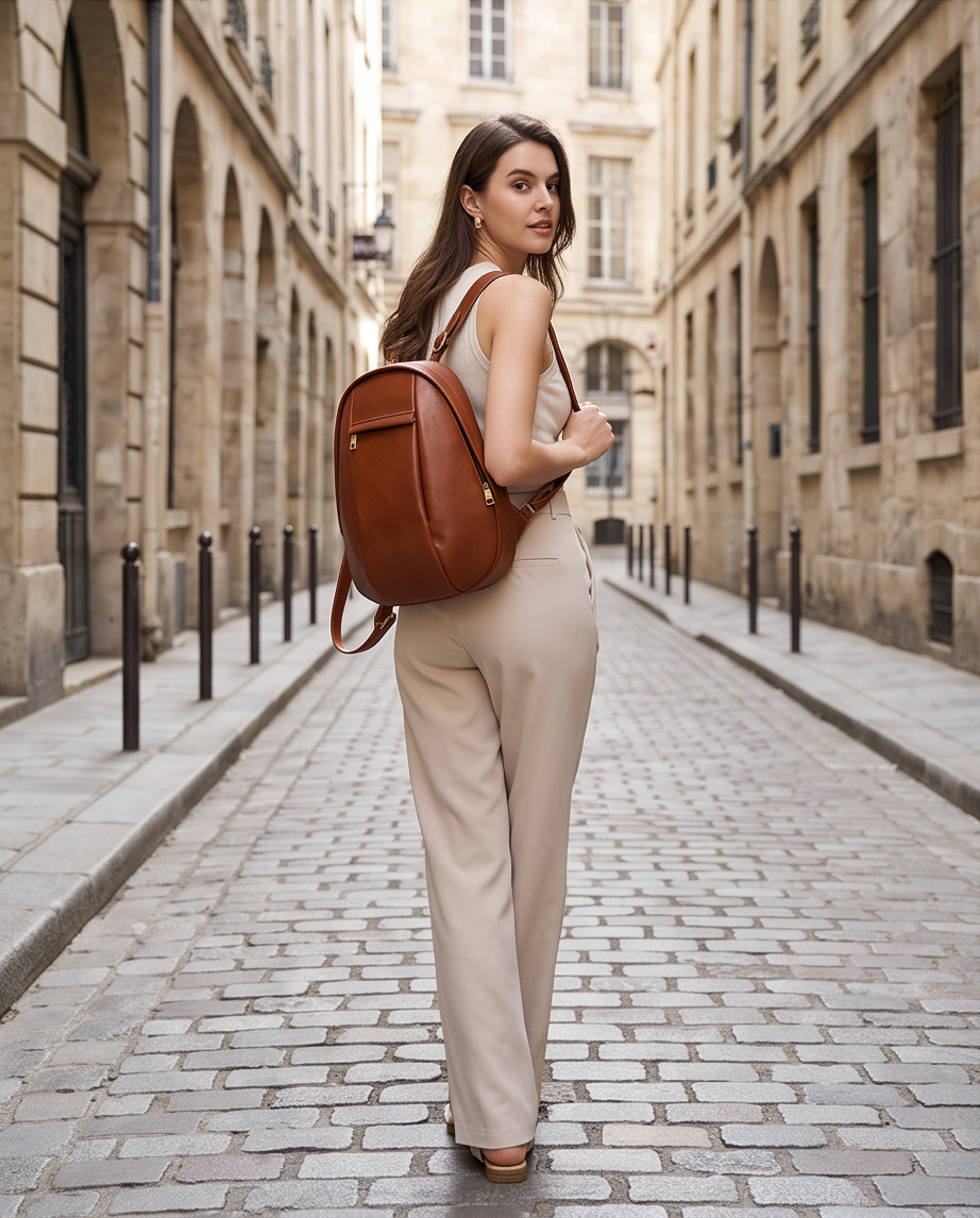 Q-LUNA Women's Genuine Leather Laptop Backpack – Minimalist 13.3" Multi-Compartment