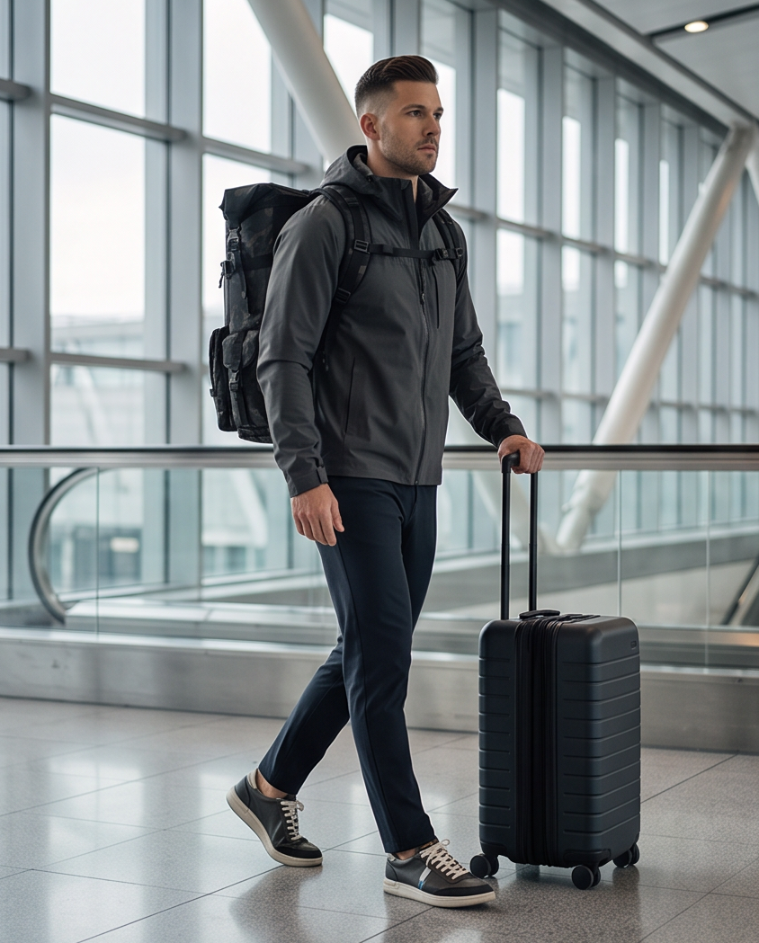A man in a gray zip-up jacket, dark pants, and sneakers walks through an airport terminal while pulling a black rolling suitcase and wearing a black backpack.