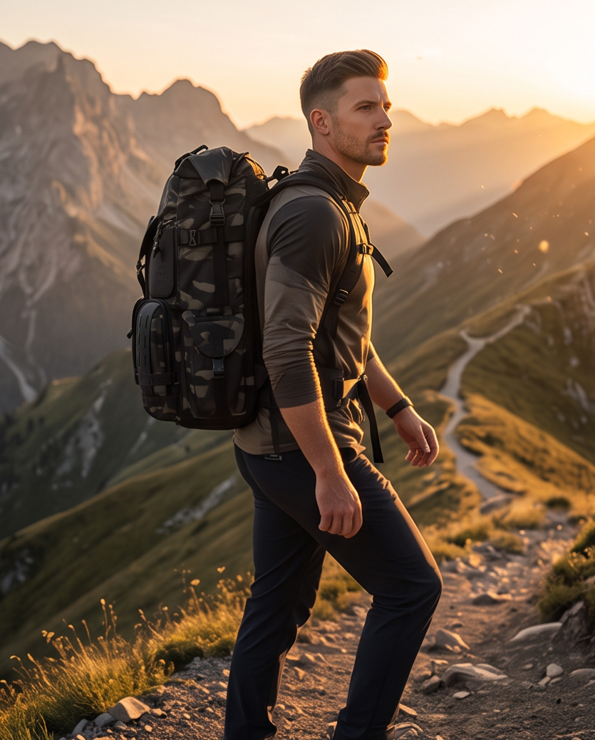 A man hiking on a mountain trail at sunset, wearing a dark camouflage backpack, a dark long-sleeve shirt, and dark pants, with rugged mountains in the background.