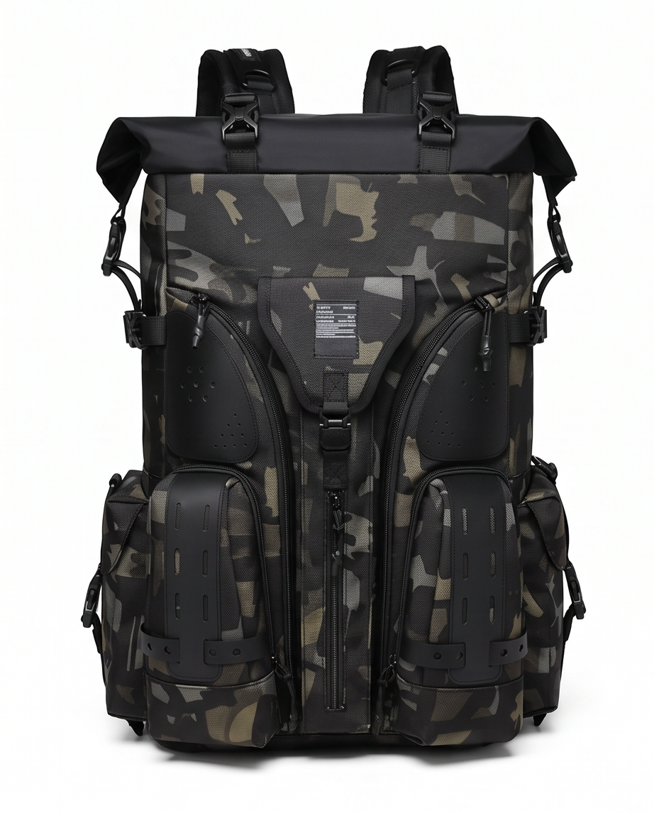 A tactical backpack in a dark camouflage pattern with black accents, shown from the front on a white background.
