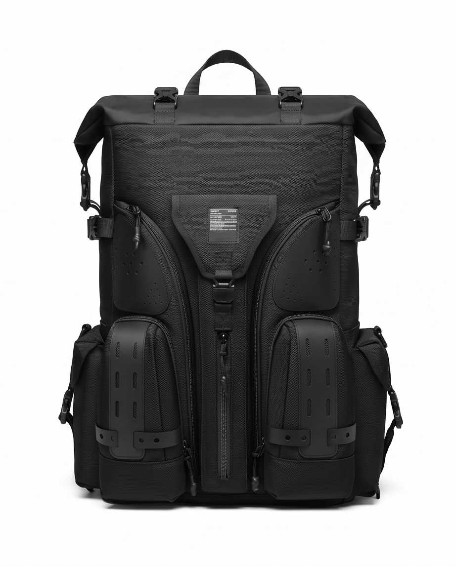 A black tactical backpack with multiple zippered compartments, padded shoulder straps, and a top carry handle, shown against a plain white background.