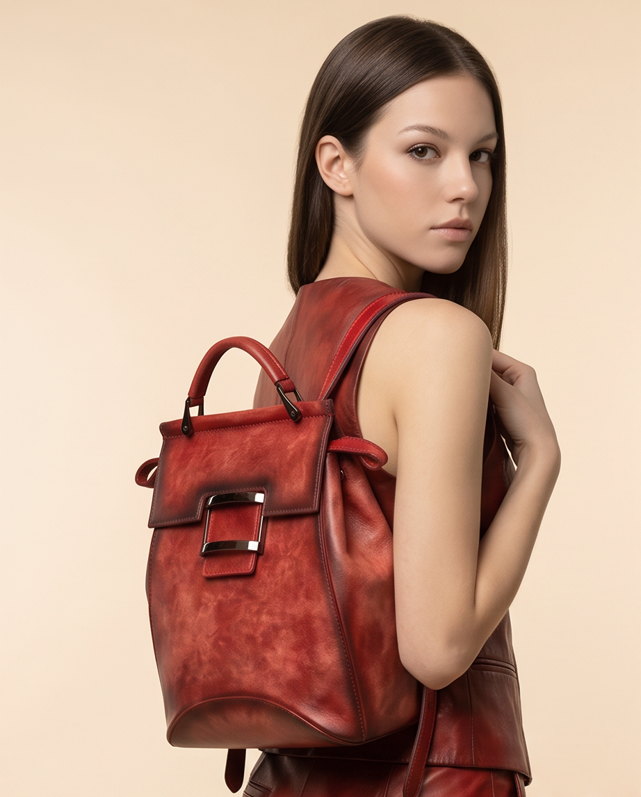 Q-ARIEL Retro Genuine Cowhide Leather Backpack for Women – Large Capacity Handmade