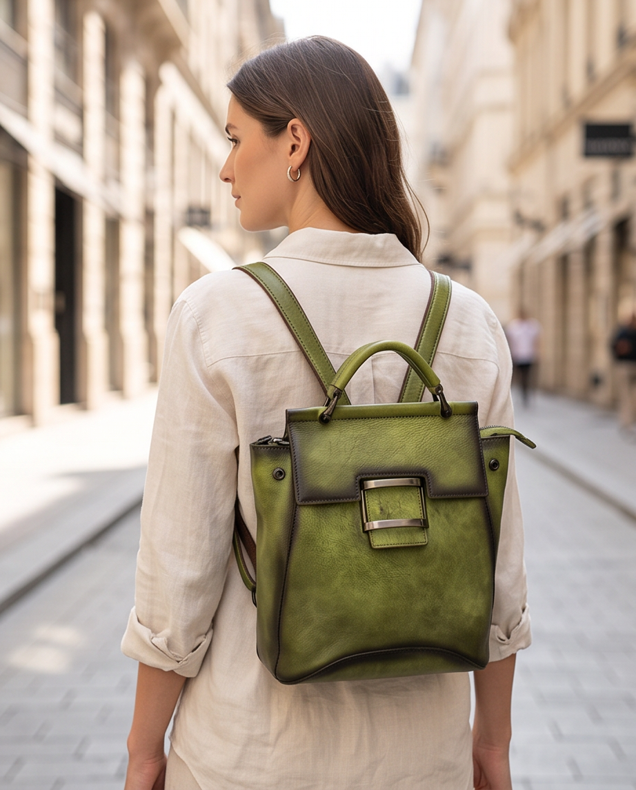 Q-ARIEL Retro Genuine Cowhide Leather Backpack for Women – Large Capacity Handmade