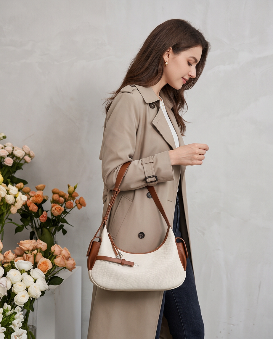 Q-PERLA Genuine Cowhide Leather Shoulder Bag for Women – Waterproof Minimalist Design