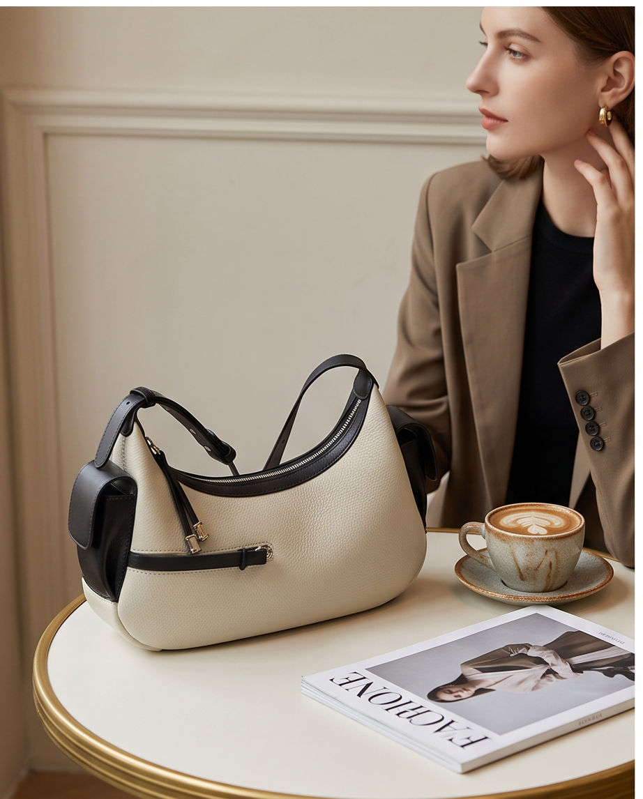 Q-PERLA Genuine Cowhide Leather Shoulder Bag for Women – Waterproof Minimalist Design