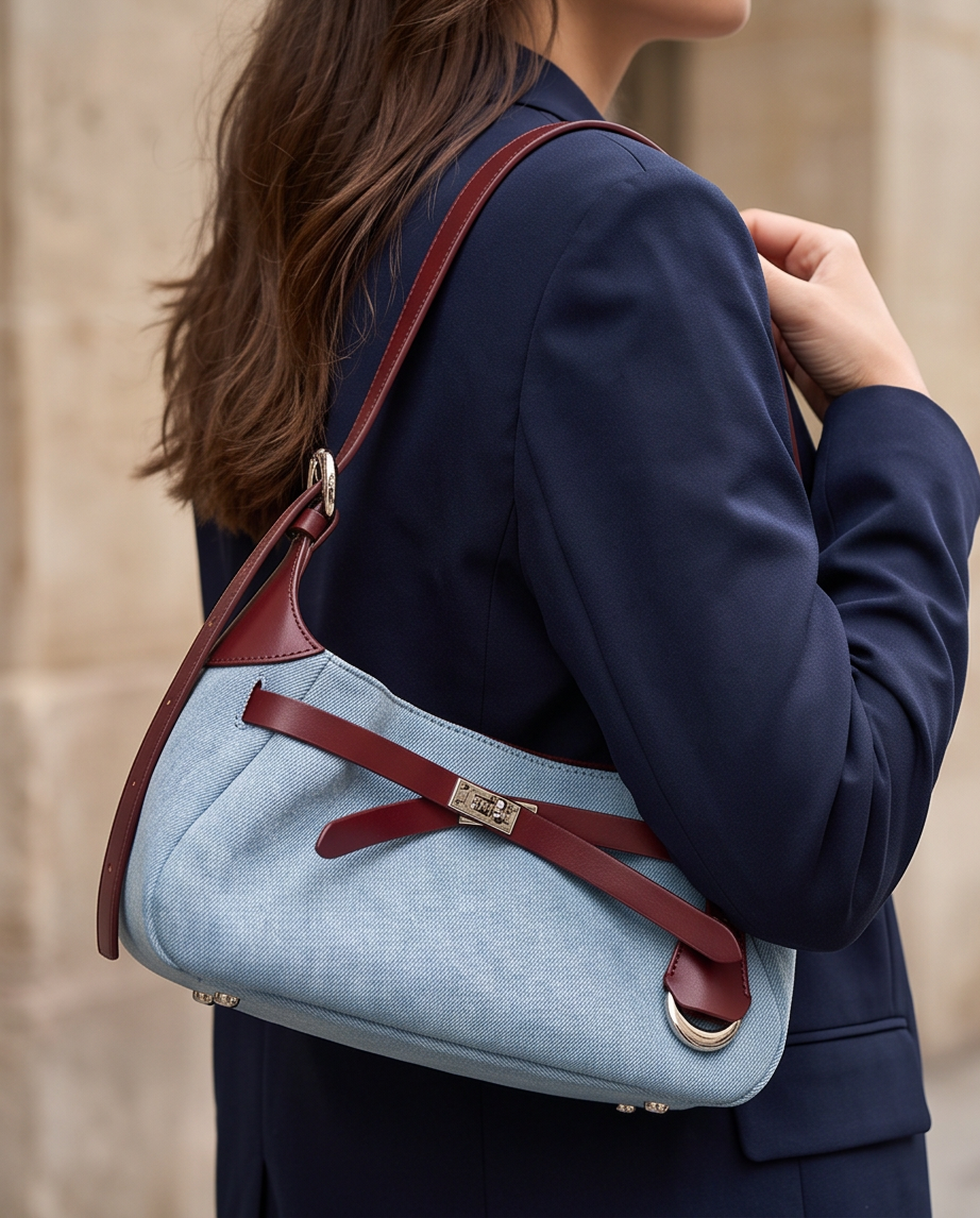 Q-MODELA Urban Luxe Cowhide Leather & Denim Shoulder Bag for Women – All-Season
