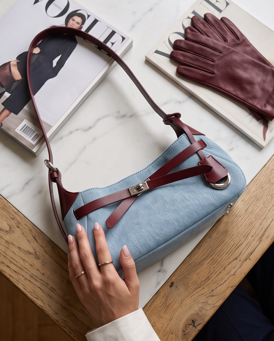 Q-MODELA Urban Luxe Cowhide Leather & Denim Shoulder Bag for Women – All-Season