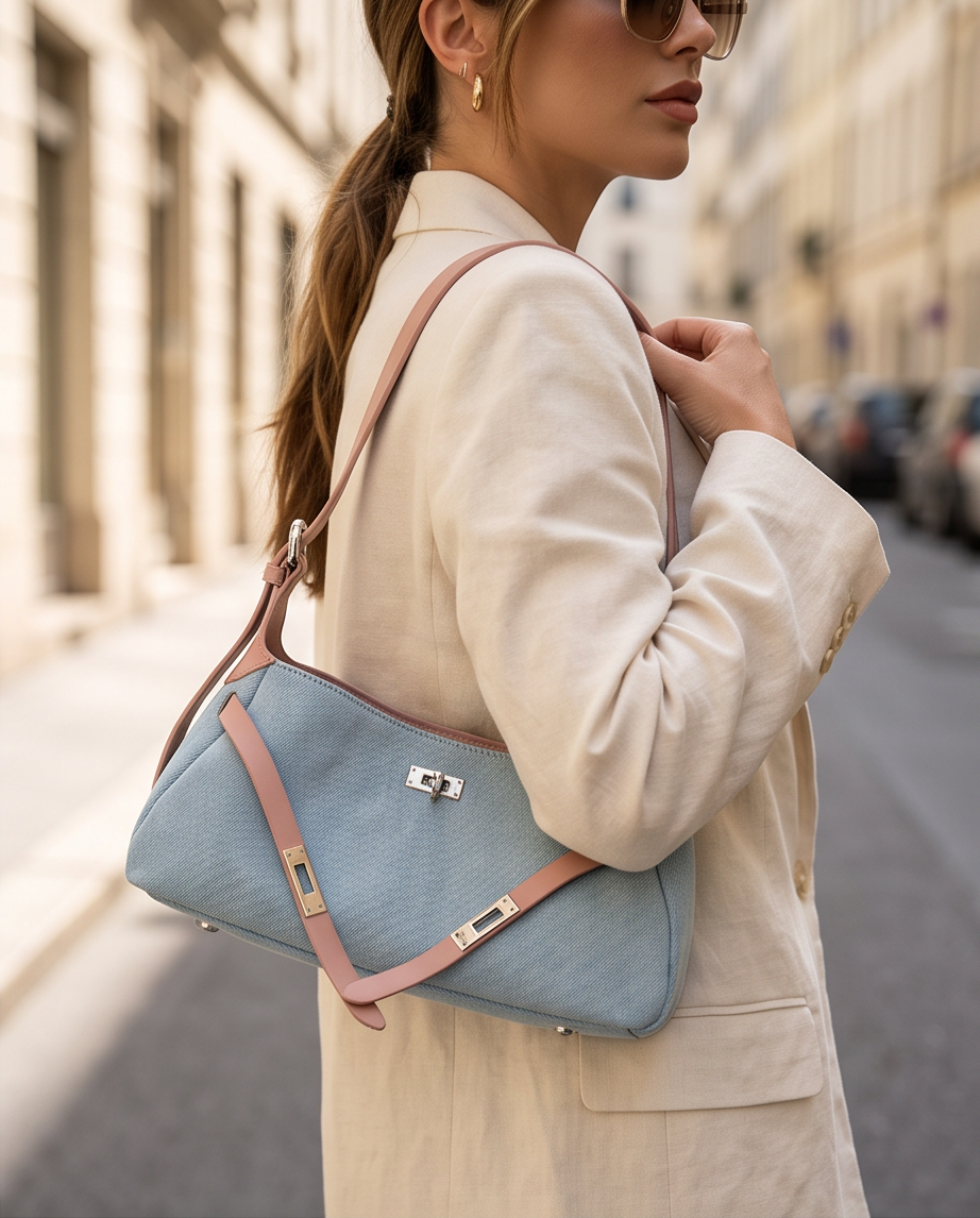Q-MODELA Urban Luxe Cowhide Leather & Denim Shoulder Bag for Women – All-Season