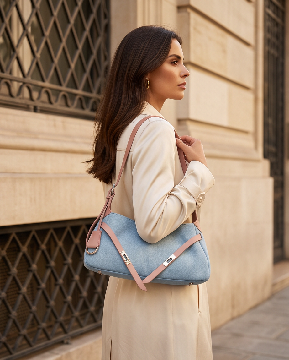 Q-MODELA Urban Luxe Cowhide Leather & Denim Shoulder Bag for Women – All-Season