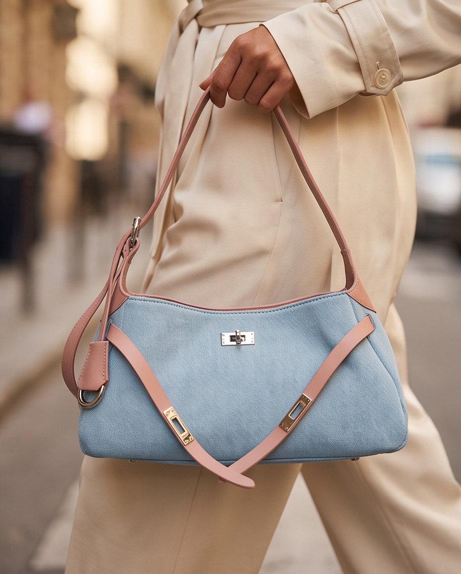 Q-MODELA Urban Luxe Cowhide Leather & Denim Shoulder Bag for Women – All-Season