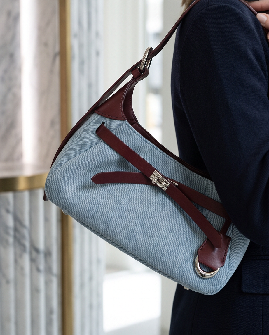 Q-MODELA Urban Luxe Cowhide Leather & Denim Shoulder Bag for Women – All-Season