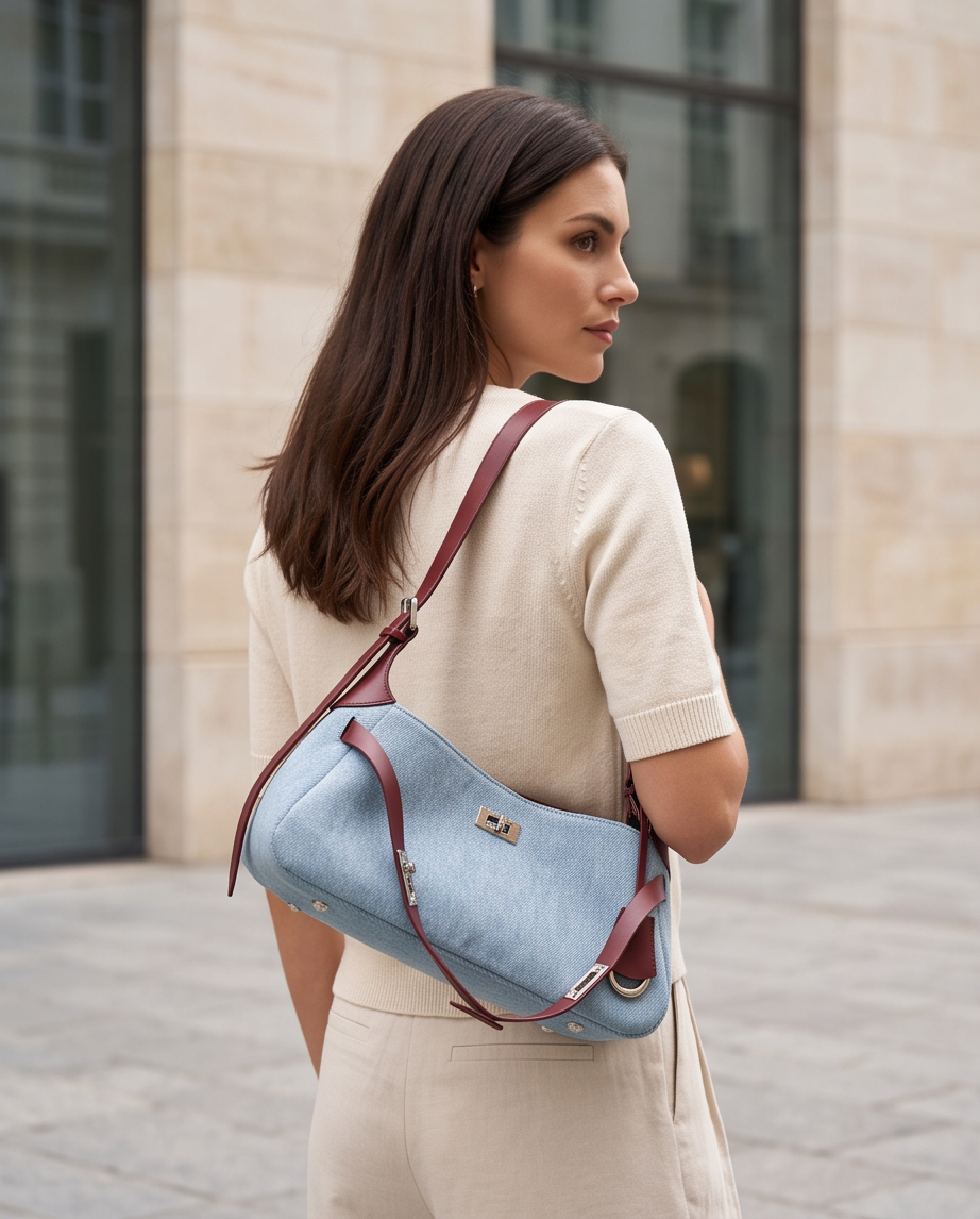 Q-MODELA Urban Luxe Cowhide Leather & Denim Shoulder Bag for Women – All-Season