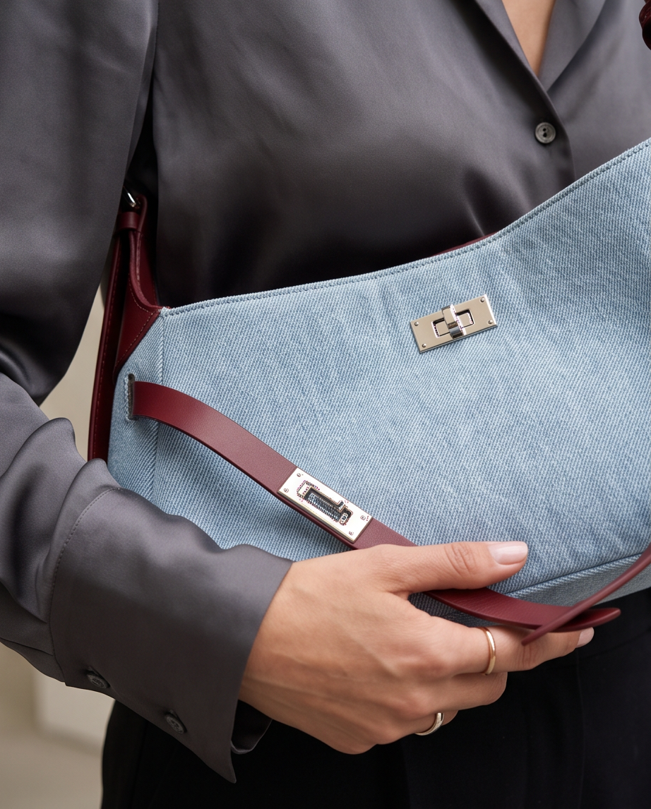 Q-MODELA Urban Luxe Cowhide Leather & Denim Shoulder Bag for Women – All-Season