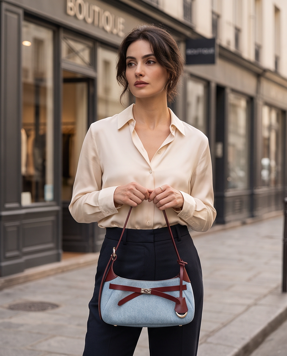 Q-MODELA Urban Luxe Cowhide Leather & Denim Shoulder Bag for Women – All-Season