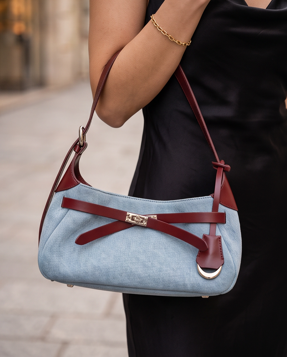 Q-MODELA Urban Luxe Cowhide Leather & Denim Shoulder Bag for Women – All-Season