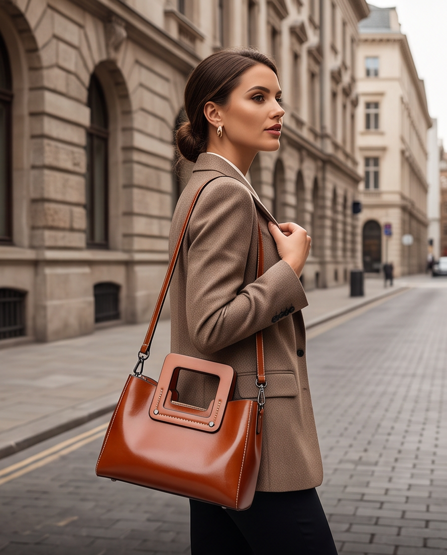 A woman in a brown blazer stands on a city street carrying a structured brown leather shoulder bag with a square cutout detail on the front.