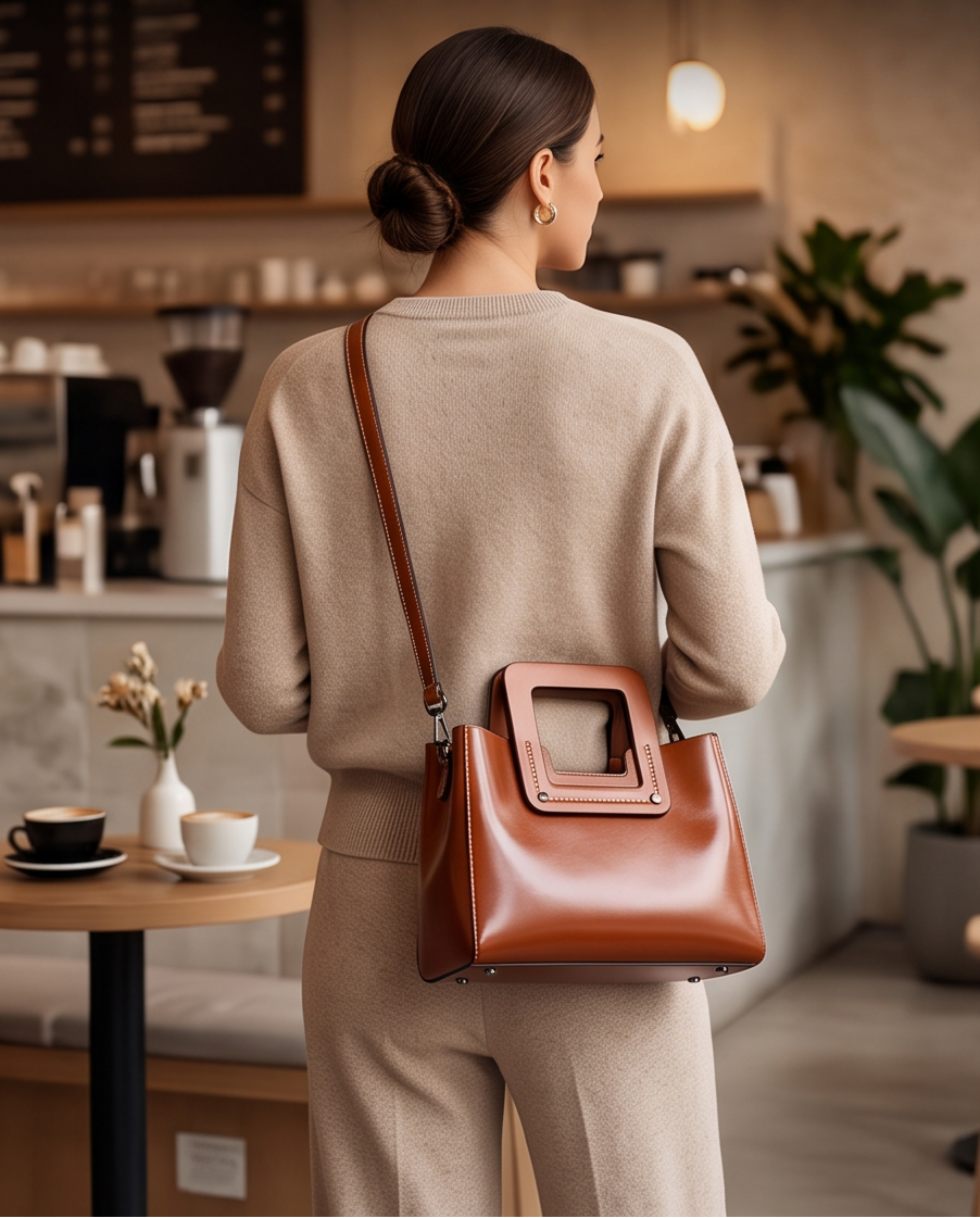 A woman in a beige sweater and matching pants stands in a cafe, viewed from behind, wearing a brown leather crossbody handbag with a square cutout detail on the front.