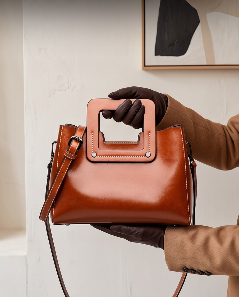 A person wearing a tan coat and dark gloves holds a structured cognac brown leather handbag with a square top handle and shoulder strap against an indoor wall background.