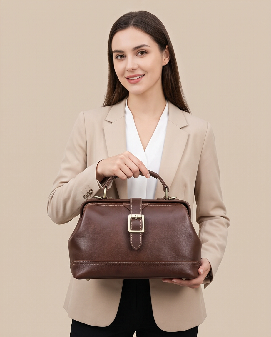 Q-AVELINE Vintage Red-Brown Full Grain Leather Messenger Bag for Women – Kiss-Lock Frame, 3-Way Carry