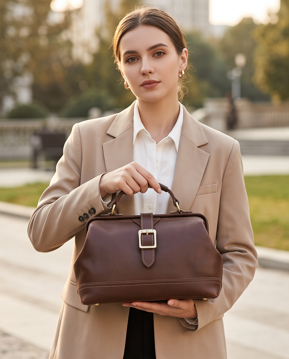 Q-AVELINE Vintage Red-Brown Full Grain Leather Messenger Bag for Women – Kiss-Lock Frame, 3-Way Carry