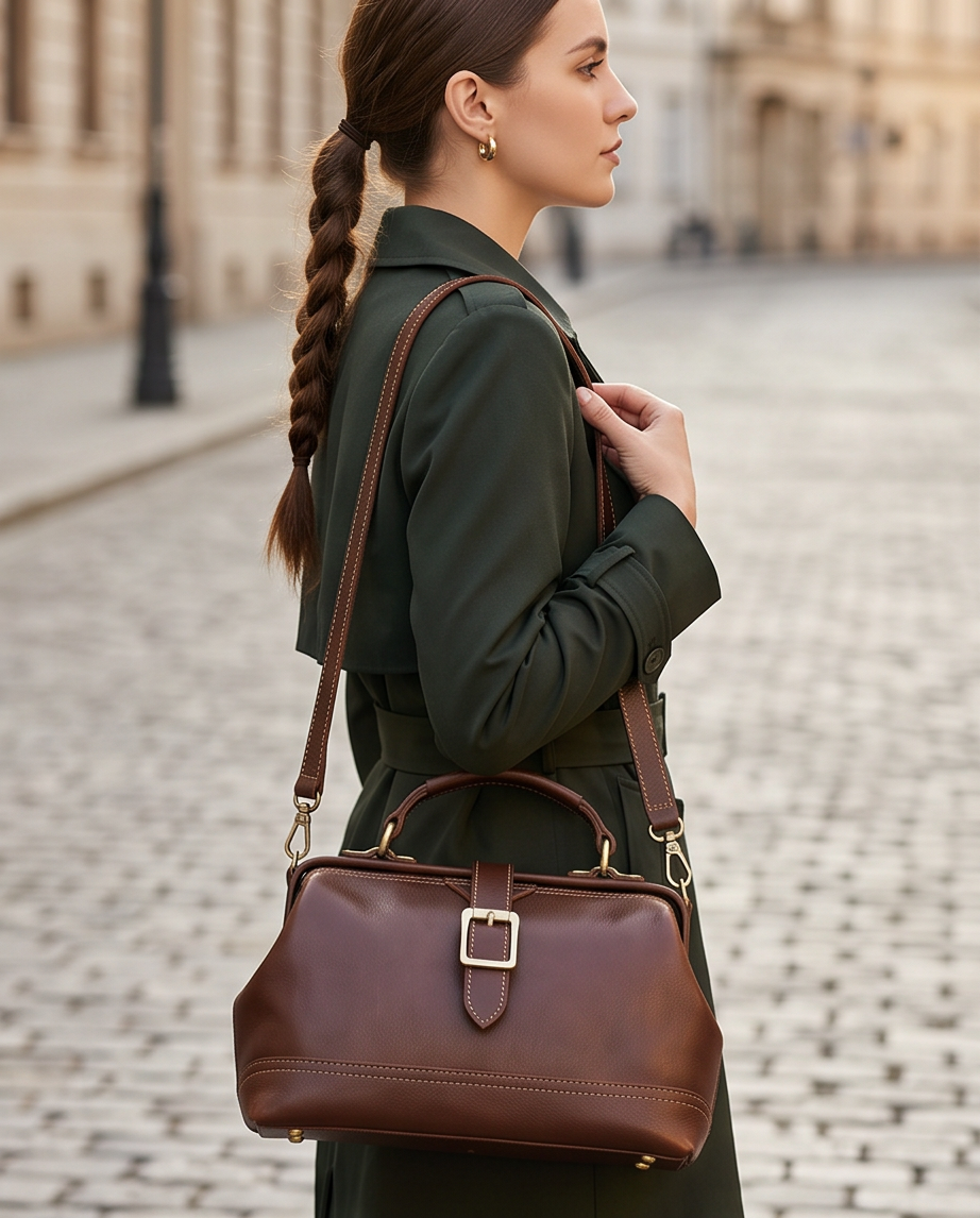 Q-AVELINE Vintage Red-Brown Full Grain Leather Messenger Bag for Women – Kiss-Lock Frame, 3-Way Carry
