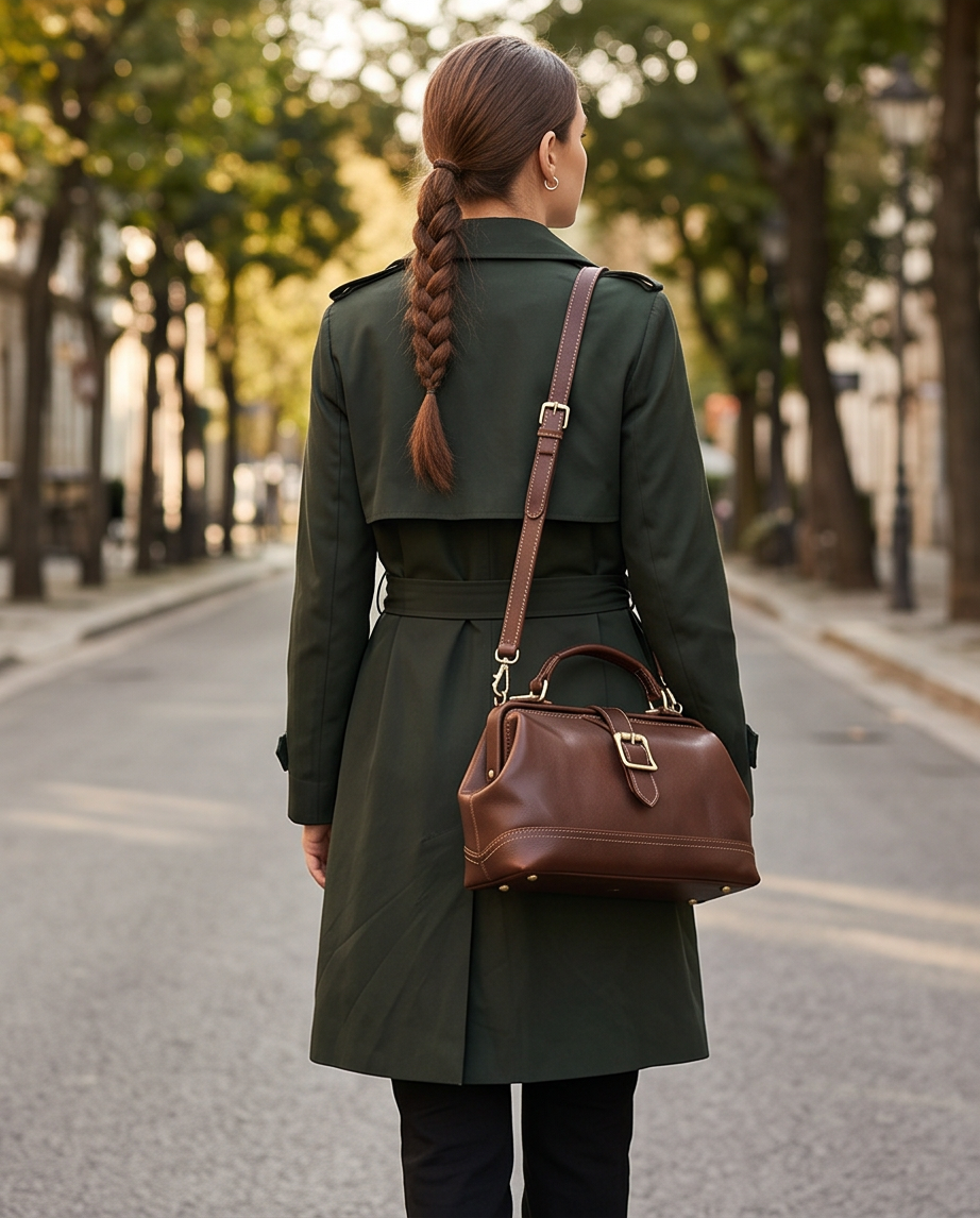 Q-AVELINE Vintage Red-Brown Full Grain Leather Messenger Bag for Women – Kiss-Lock Frame, 3-Way Carry