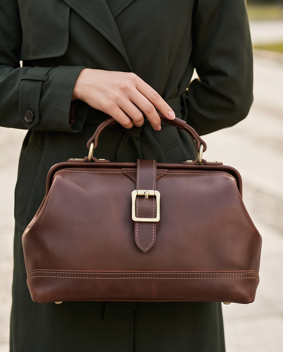 Q-AVELINE Vintage Red-Brown Full Grain Leather Messenger Bag for Women – Kiss-Lock Frame, 3-Way Carry