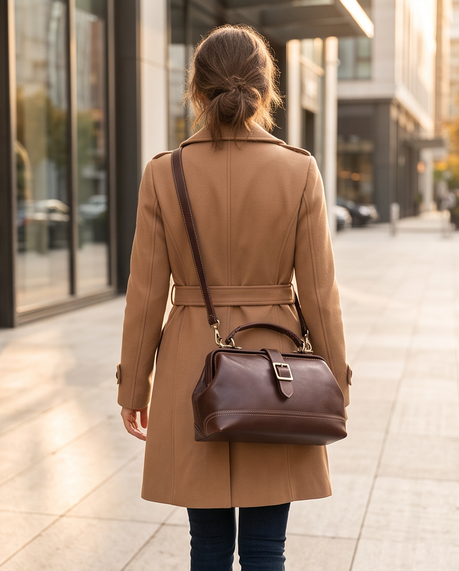 Q-AVELINE Vintage Red-Brown Full Grain Leather Messenger Bag for Women – Kiss-Lock Frame, 3-Way Carry
