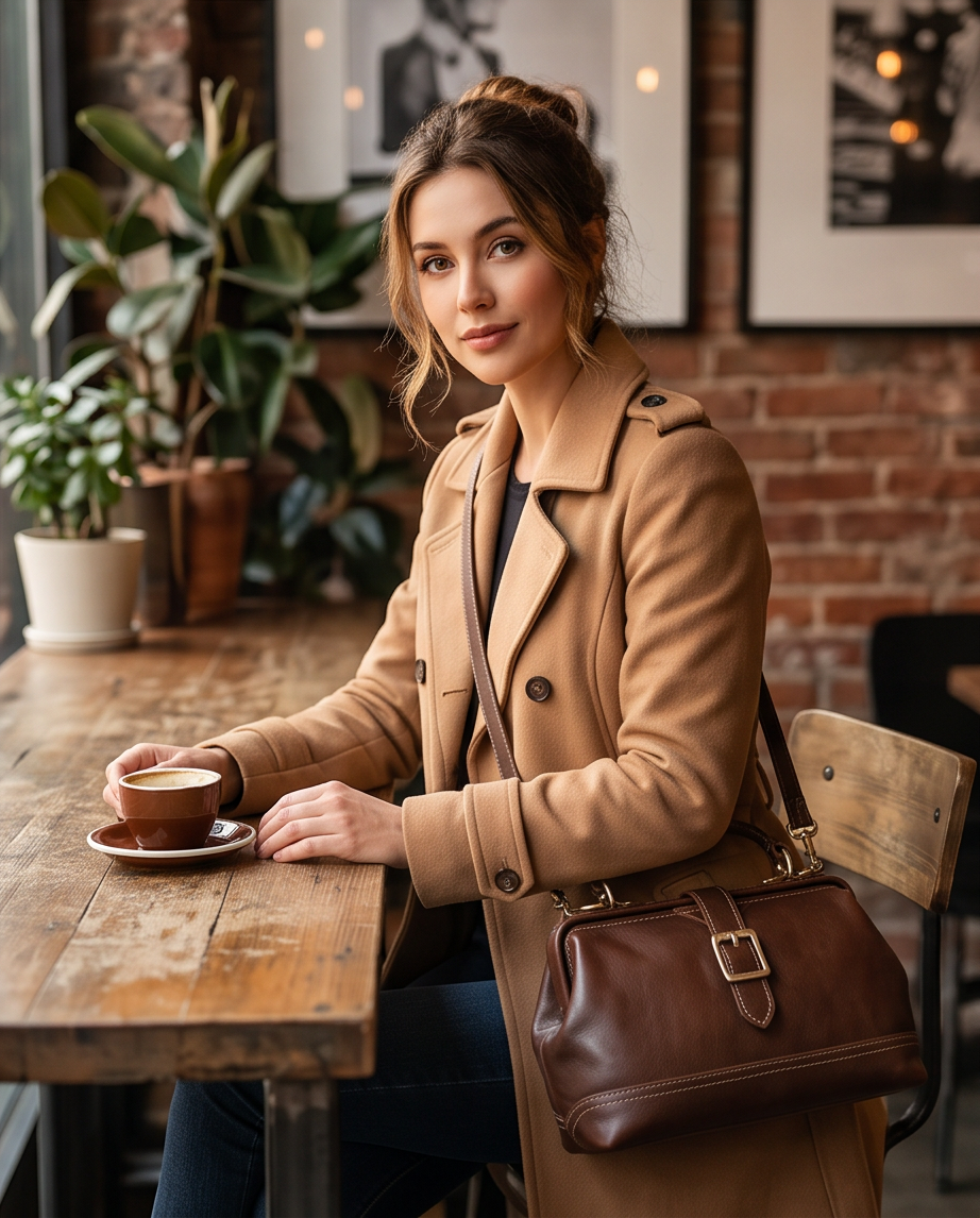 Q-AVELINE Vintage Red-Brown Full Grain Leather Messenger Bag for Women – Kiss-Lock Frame, 3-Way Carry